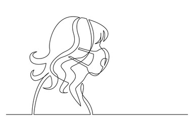 continuous line drawing vector illustration with FULLY EDITABLE STROKE of profile portrait of hair styled woman wearing face mask