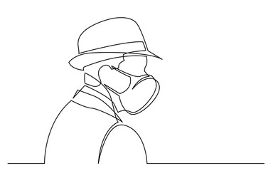 continuous line drawing vector illustration with FULLY EDITABLE STROKE of profile portrait of man in hat wearing face mask