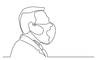 continuous line drawing vector illustration with FULLY EDITABLE STROKE of profile portrait of screaming businessman wearing face mask