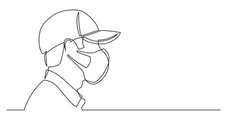 continuous line drawing vector illustration with FULLY EDITABLE STROKE of profile portrait of smiling man in baseball cap wearing face mask