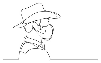 continuous line drawing vector illustration with FULLY EDITABLE STROKE of profile portrait of talking man in cowboy hat wearing face mask