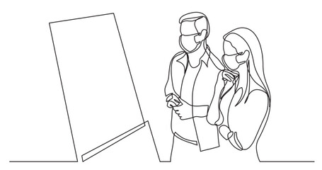 continuous line drawing vector illustration with FULLY EDITABLE STROKE of two modern employees thinking watching at whiteboard presentation wearing face mask