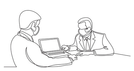 continuous line drawing vector illustration with FULLY EDITABLE STROKE of two team members discussing presentation on laptop computer wearing face mask