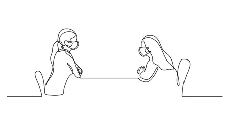continuous line drawing vector illustration with FULLY EDITABLE STROKE of two young women sitting behind table talking wearing face mask
