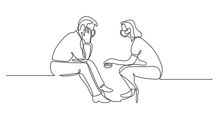 continuous line drawing vector illustration with FULLY EDITABLE STROKE of young man and woman talking having conversation wearing face mask