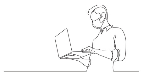 continuous line man standing man watching laptop computer wearing face mask