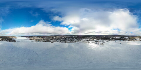 360 Penetanguishene beach lake view from drone in the winter time 