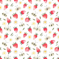 Cute, watercolor seamless pattern with strawberries, butterflies and flowers on a white background. Berries, flowers and butterflies spring floral background.