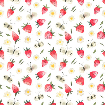Cute, watercolor seamless pattern with strawberries, butterflies and flowers on a white background. Berries, flowers and butterflies spring floral background.