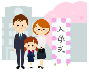 校門前の入学式の看板と笑顔の新一年生の家族