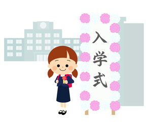 校門前の入学式の看板と笑顔の新一年生