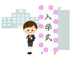 校門前の入学式の看板と笑顔の新一年生