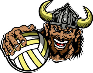 viking mascot holding volleyball for school, college or league sports