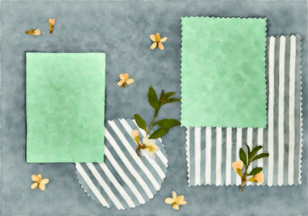 Page from old photo album. Almond flowers in watercolor style. For texture, wrapper pattern or greeting, card, postcards. Digital painting-illustration. Watercolor drawing. Scrapbooking element.
