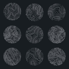 Set rings of topographic line map. Wood rings, vector line circle of outdoor concept. Outline pattern for outdoor logo templates. Contours of tree, concepts for expedition logotype. - obrazy, fototapety, plakaty