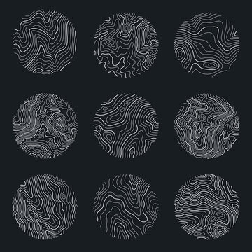 Set Rings Of Topographic Line Map. Wood Rings, Vector Line Circle Of Outdoor Concept. Outline Pattern For Outdoor Logo Templates. Contours Of Tree, Concepts For Expedition Logotype.