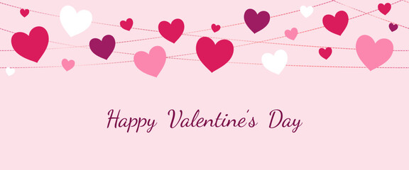 Valentine's Day banner. Seamless decoration, red and white hearts string on pink background. Holiday frame, border. For headers, party flyers, sale promotions. Vector.