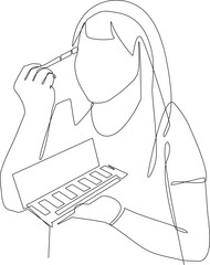 Single one line drawing beautiful young girl apply blush with cosmetic brush in her face. Cosmetology activity concept. Continuous line draw design graphic vector illustration.