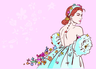 bride with a bouquet vector for card decoration illustration