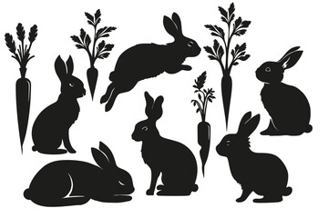 Rabbit bunny and carrot silhouette set, Easter vector animal ear black shape spring graphic collection