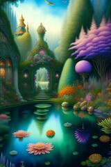 A pond surrounded by a beautiful fantasy garden, created with Generated AI technology