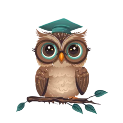 Sierkussen Cute cartoon owl graduation cap vector funny animal. Vector illustration. Smart wise character in glasses, kids print bird card © trihubova