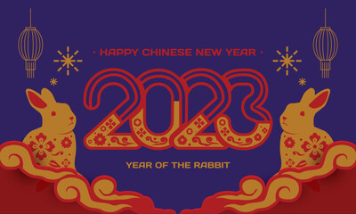 Happy chinese new year 2023 year of the rabbit design on blue background