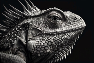 Fototapeta premium Black and white bearded dragon lizard iguana head close up on a black background, Generative AI