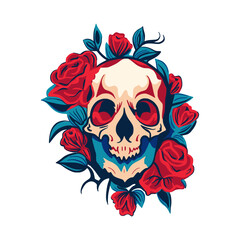 Vector skull and rose flower logo icon, Art Halloween floral detailed tattoo illustration, vintage retro design background. Skeleton head death gothic symbol decoration