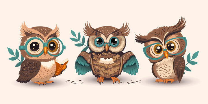 Cute cartoon owl in glasses set with a book, smart student kids vector collection, teacher student bird funny animal.