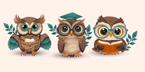 Cute cartoon owl in glasses and graduation cap set with a book, smart student kids vector collection, teacher student bird funny animal.
