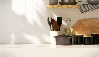 Empty space on modern beige kitchen countertop with luxury black ceramic kitchenware and wooden...