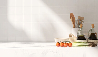 Clean, minimal white marble kitchen countertop with cooking ingredients, tomato, asparagus, bowl in...