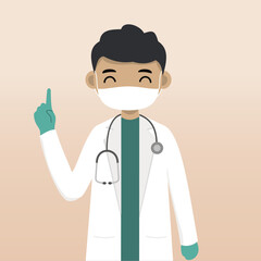 Front view doctor character using mask. Doctor character creation with face emotion, pose and gesture. Cartoon style, flat vector illustration. Male doctor finger pointing up, holding clipboard.