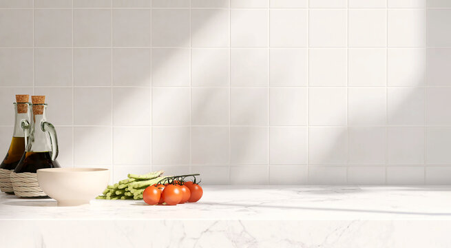 Clean, minimal white marble kitchen countertop with cooking ingredients, tomato, asparagus, bowl in morning sunlight on white square tile wall for cooking, food, drink, kitchenware product display 3D