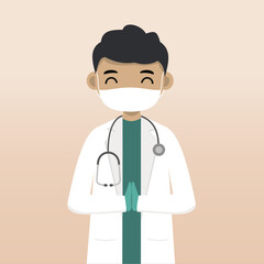 Fototapeta premium Front view doctor character using mask. Doctor character creation with face emotion, pose and gesture. Cartoon style, flat vector illustration. Male doctor finger pointing up, holding clipboard.