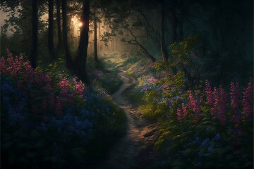 Dawn in the forest, flowery forest, morning