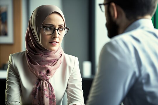 Middle Eastern Businesswoman Wearing A Hijab Having A Meeting Conversation With A Co-worker At The Workplace.  Generative AI