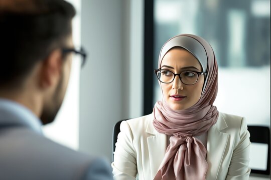 Middle eastern businesswoman wearing a hijab having a meeting conversation with a co-worker at the workplace.  generative AI