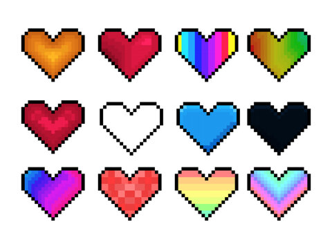 Pixel hearts Valentine holiday on white background. Retro game interface