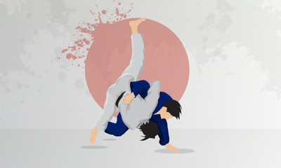 A wrestler in a blue suit makes a throw through the thigh of a wrestler in a white suit. Judo eastern wrestling.