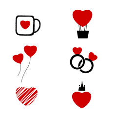 set of hearts. Hand drawn hearts. Design elements for Valentine's day. Hand drawn rough marker hearts isolated on white background. Set of unique hand drawn hearts. Painted design elements.