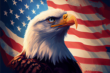 Head of bald eagle with American flag background, generative AI. 