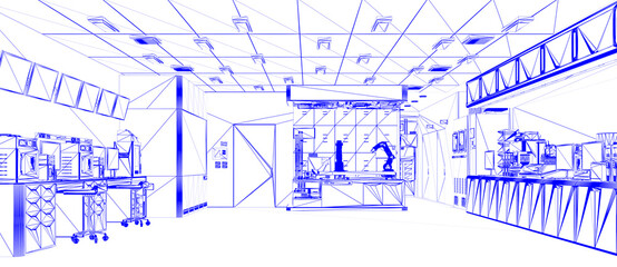 White futuristic laboratory interior in semiconductor manufacturing factory sketch