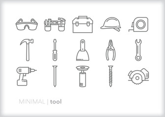 Set of tool line icons for a construction worker, craftsman, builder or woodworker