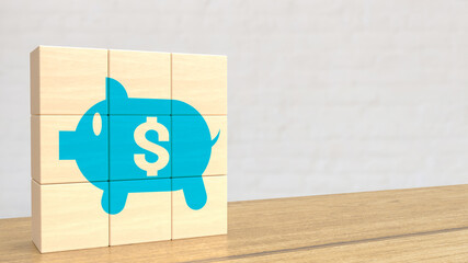 The blue piggy bank  on wood cube for business concept 3d rendering