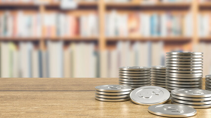 The silver coins on wood table for business concept 3d rendering.