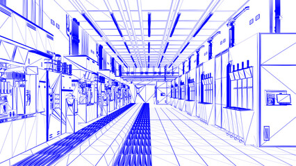 Blueprint of futuristic semiconductor manufacturing factory or laboratory interior with machine and computer screen