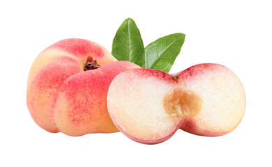 Ripe chinese flat peach fruit  isolated on  transparent png