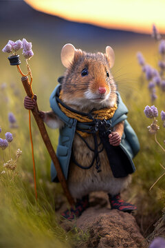 A cute funny field mouse dressed like a mountaineer hiking in a field of wildflowers, Generative AI